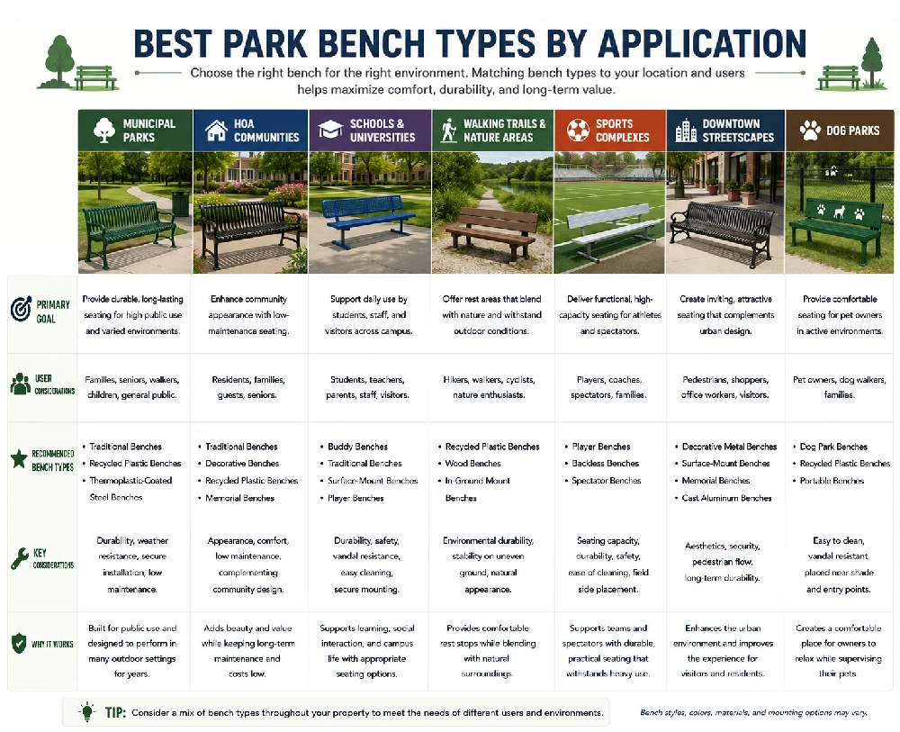Best park bench types by application infographic for parks, HOAs, schools, trails, sports complexes, downtown streetscapes, and dog parks
